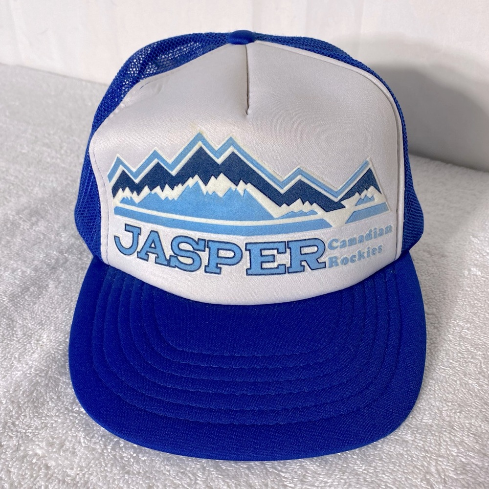 Vintage Blue White Jasper Canadian Rockies Snap Back Mesh Back Trucker Hat